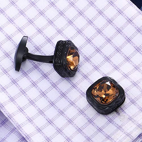 Mancuernillas para hombre negras con cristal ámbar cuadrado miniatura 3