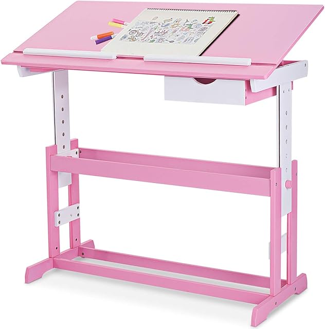 Maxmass Height Adjustable Study Table, Multifunctional Children Writing Reading Drawing Tables with Spacious Drawer, Large MDF Desktop and 2 Stop Bars, Kids Painting Desk for Boys Girls (Pink)