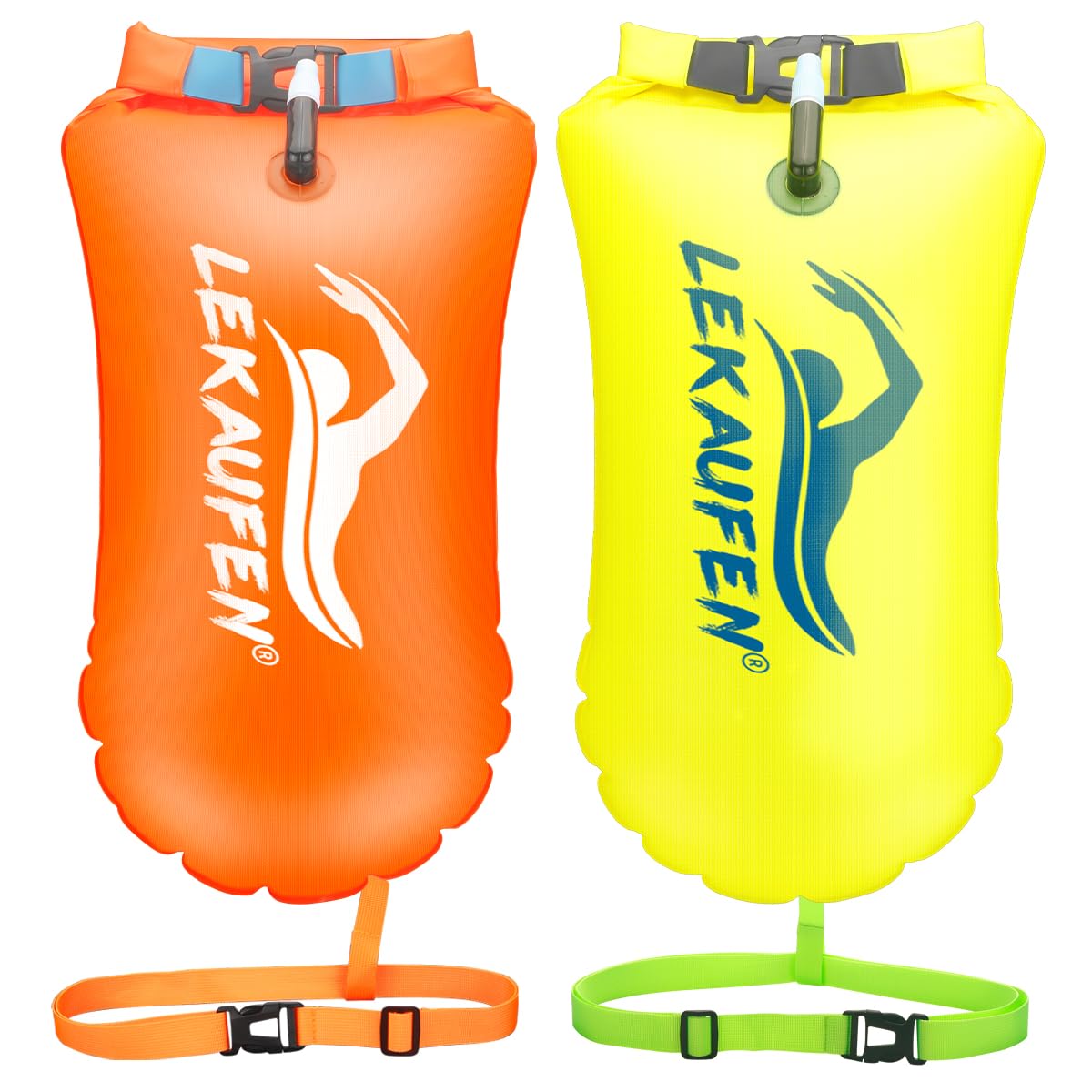 LeKaufen Swim Buoy for Open Water 2 Pack, 20L Swim Safety Float Waterproof Dry Bag for Swimmers Triathletes Kayakers Snorkelers, Swimming Pull Buoy for Safer Swim Training (Yellow & Orange)