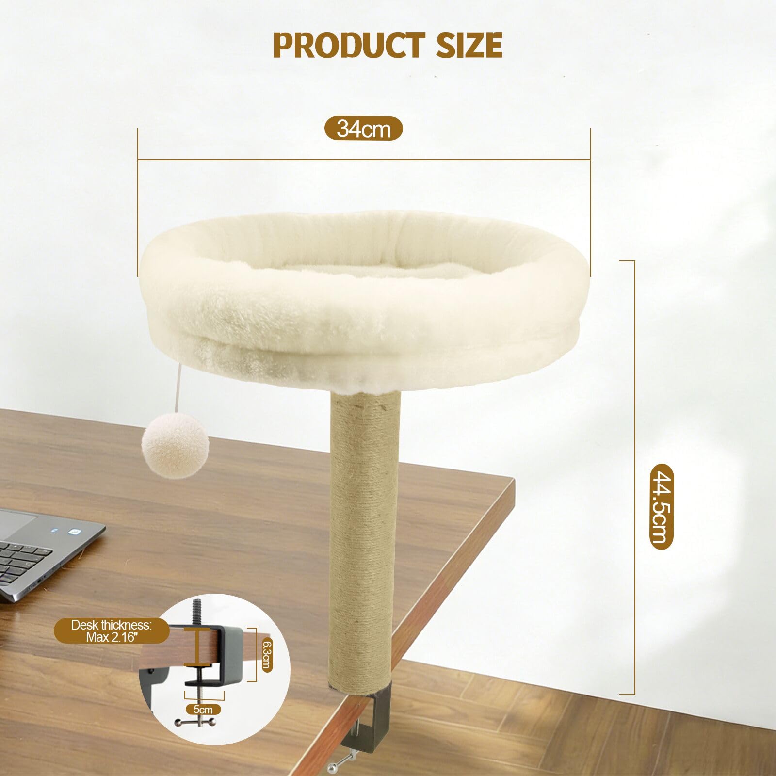 Katze Bett für Dest, Katzes Schreibtisch Bett mit Scritching Post, Platzsparende Katze Möbel, Perch und Hängematte mit Spielball, waschbares Kissen für Heim und Büro Schreibtisch (weiß)