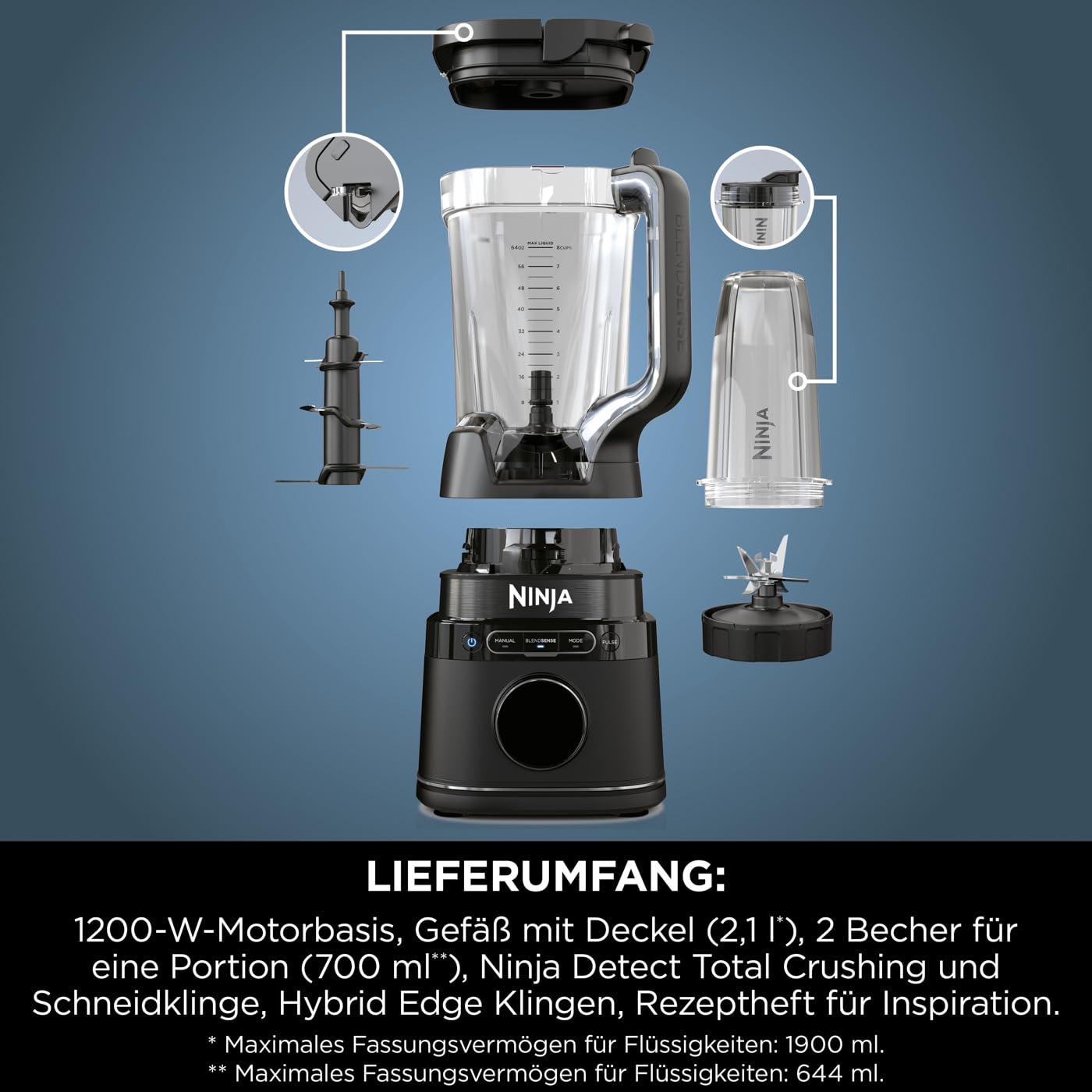 Ninja 2-in-1 Detect Power Mixer Pro & Single Serve, 1200W Mixer mit Krug, & 2x Single Serve Tassen, Smoothies mixen, Gemüse hacken & Frozen Drinks mixen, Schwarz, TB301EU