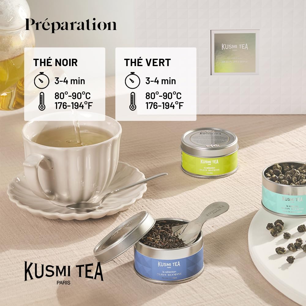 Kusmi Tea - Collection Alain Ducasse - 8 Miniatures de thé nature d'Asie + Cuillère à Thé - Assortiment de Thés Bio - Thé vert et Thé noir - Idée cadeau Homme et Femme - 8 boîtes de 25g
