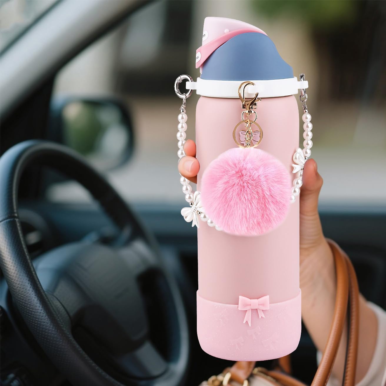 Water Bottle Accessories Set for Owala Accessories – Includes 2.9in .3inch Silicone Bling Boot,Pearl Handle Strap, Plush Ball,Bow Charms for Owala FreeSip 24oz、32 oz image 3
