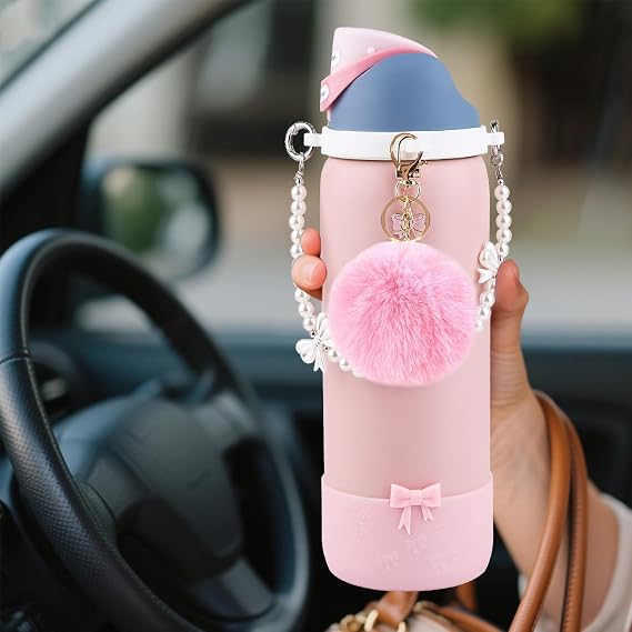 Water Bottle Accessories Set for Owala Accessories Includes 2.9in .3inch Silicone Bling Boot,Pearl Handle Strap, Plush Ball,Bow Charms for Owala FreeSip 24oz32 oz