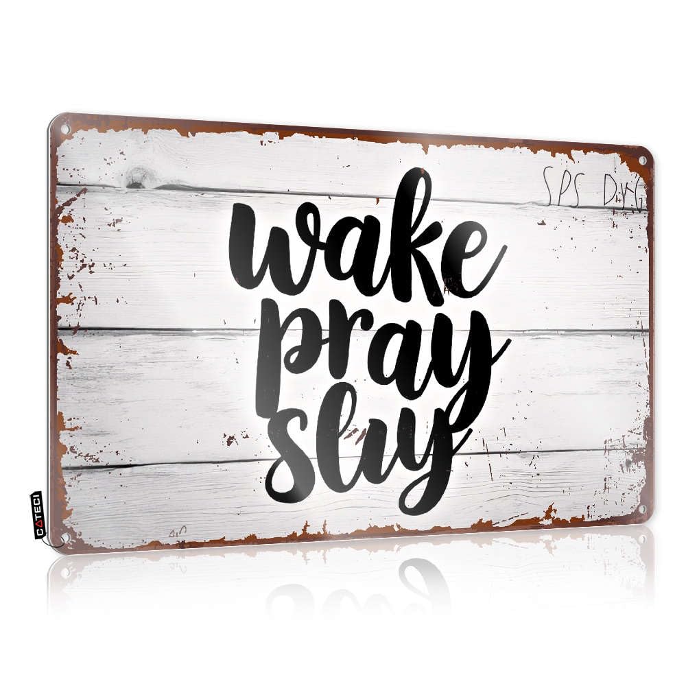 Fzfn Colour Decorative Tin Wall Decor Rustic Wall Poster, Room Decorations Aesthetic Funny Quote Design For Ranch Garage | Accessory Anti-Rust Metal Wake, Pray, Slay: Daily Motivation(30X40cm)