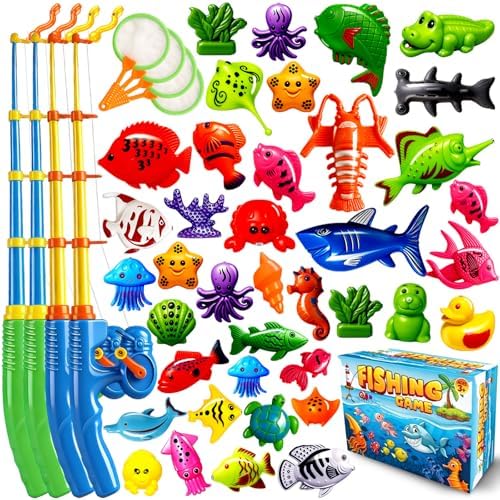 CozyBomB™ Magnetic Fishing Toys Game Set for Kids | Water Table Bathtub Kiddie Pool Party Pole Rod Net, Outdoor Plastic Floating Fish, Toddler Bath Color Ocean Sea Animals Easter Gift Age 3-5 6 4-8