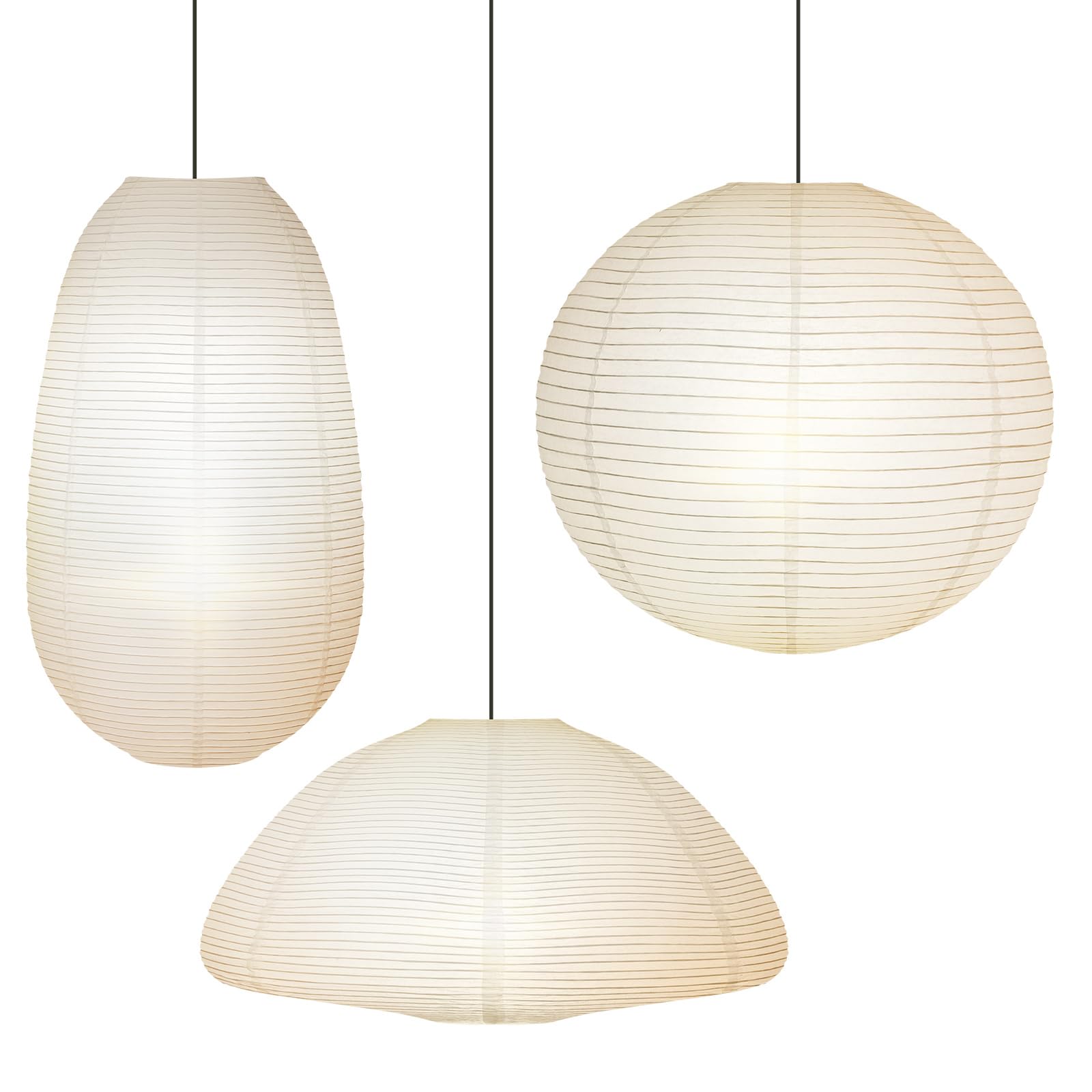 Riakrum 3 Pcs White Chinese Paper Lanterns Set 19+20+21 Inch Large Rice Paper Lamp Hanging Semicircular Elliptical Round Shaped Pendant Light Japanese Lantern for Home Bedroom Ceiling Decor