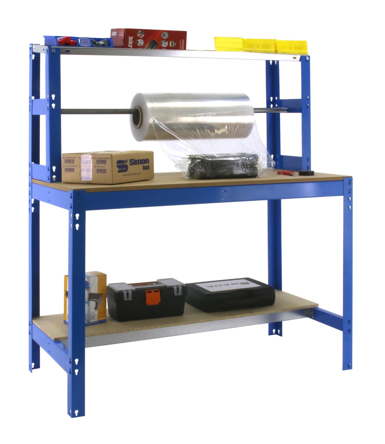 Simon Rack Banco de Trabajo con Porta Rollo 1210x760 mm - BT4 | Porta Rollo, Tablero madera 16 mm, Capacidad Carga 600 kg, Azul , Pintura anticorrosión, Montaje sistema clic