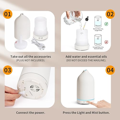 Miniatura 7 de URPOWER 120ML Essential Oil Diffuser Ceramic Aromatherapy Diffuser with 7-Color LED Lights, Auto Shut-Off, 2 Mist Modes, Humidifier for Home Office