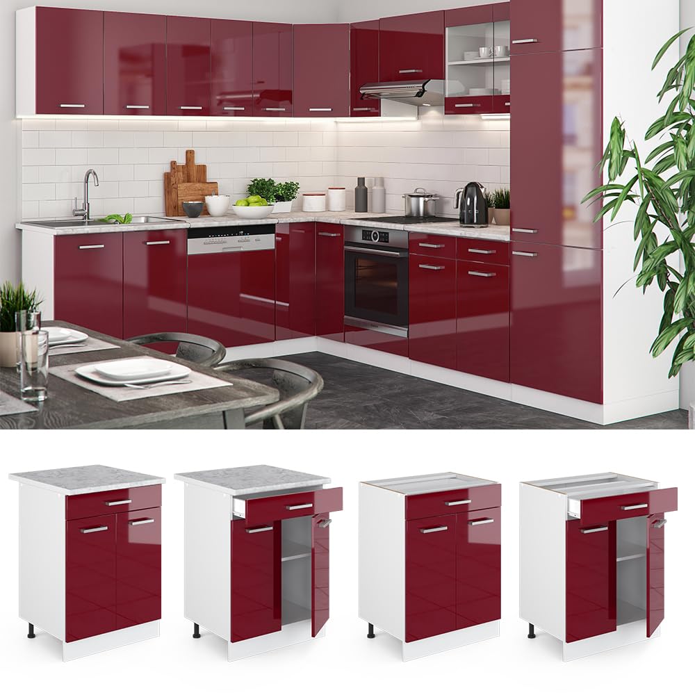 Vicco Mueble bajo de Cocina R-Line, Rojo de Alto Brillo, 60 cm | con cajón, sin encimera, para combinación libre dentro de sistemas de cocina modulares