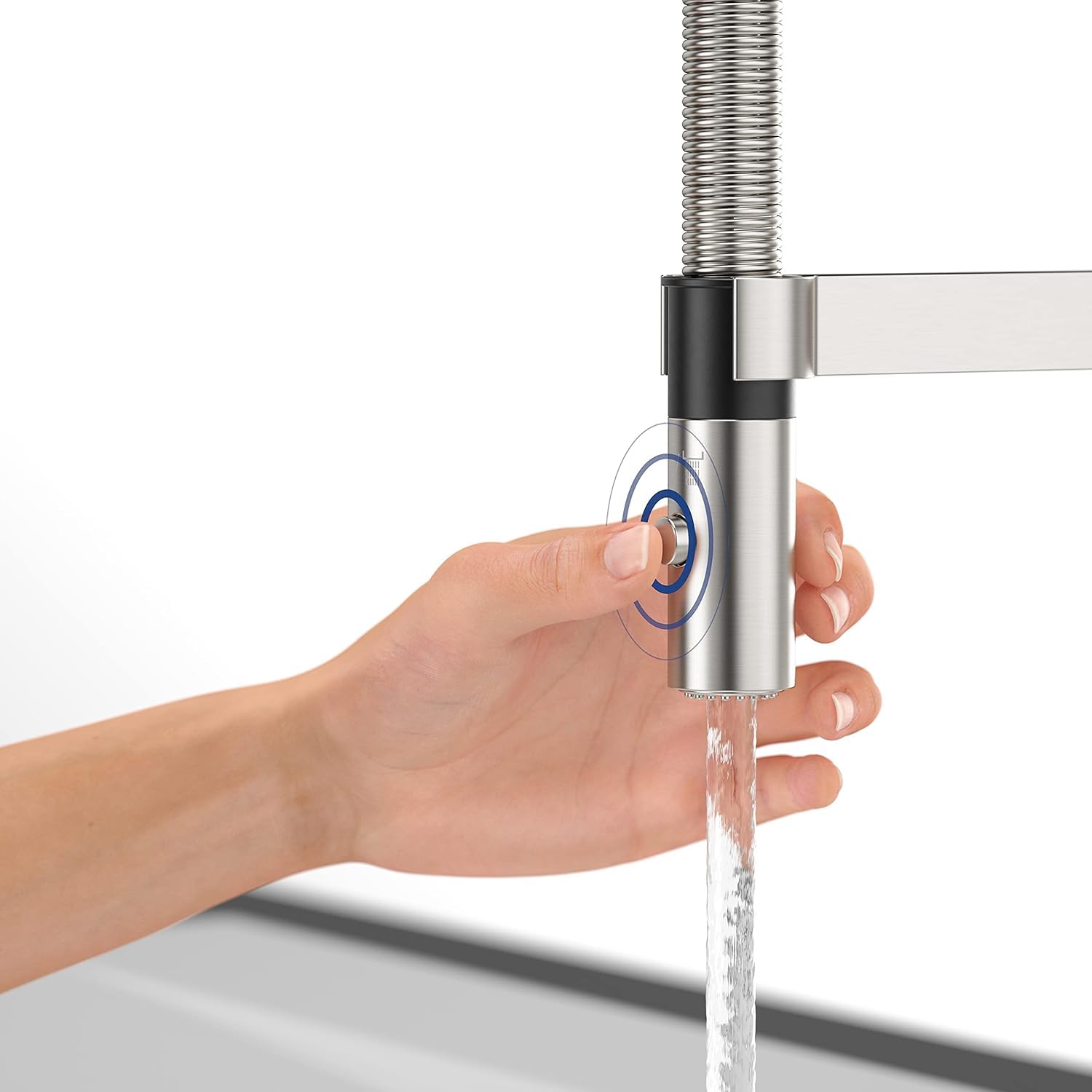 Villeroy & Boch Steel Expert Compact grifería de cocina, alta presión, con función de conmutación y desagüe orientable, grifo de fregadero de bajo consumo, altura del caño 143 mm, acero inoxidable