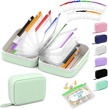 Waterproof Pill Pouch Set, Pill Organizer Binder with 14 Color-Coded Removable Bags, 7 to 14 Days of Meds & Medicine Crush-Resistant Shell,Portable Travel Medication Storage Pouch Green