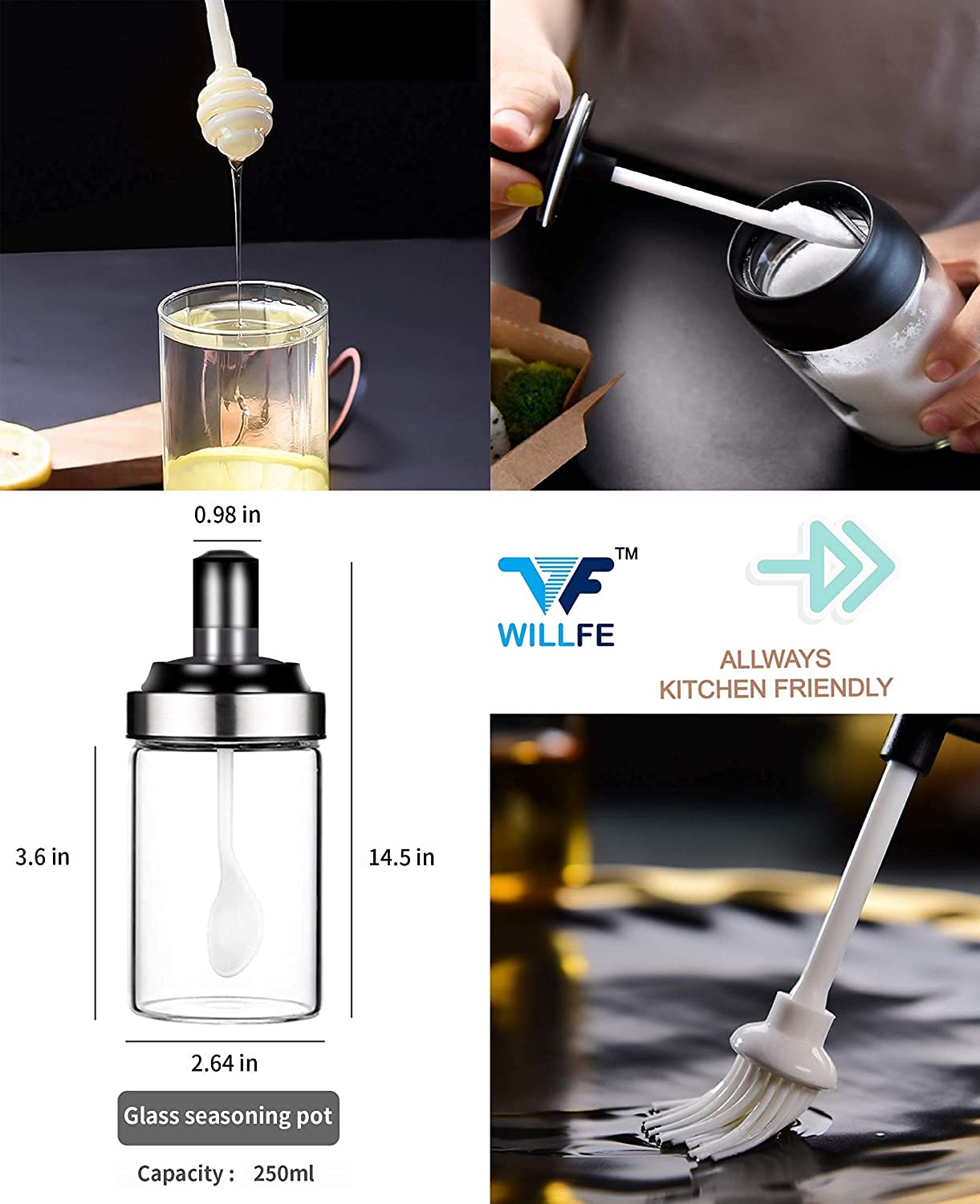 Exotic Mall Borosilicate Glass Set: Oil Jar With Brush, Honey Jar, Spoon Jar - Multipurpose Kitchen Container for Storage, 250Ml (Spoon + Honey + Brush, 1, Blush) 4