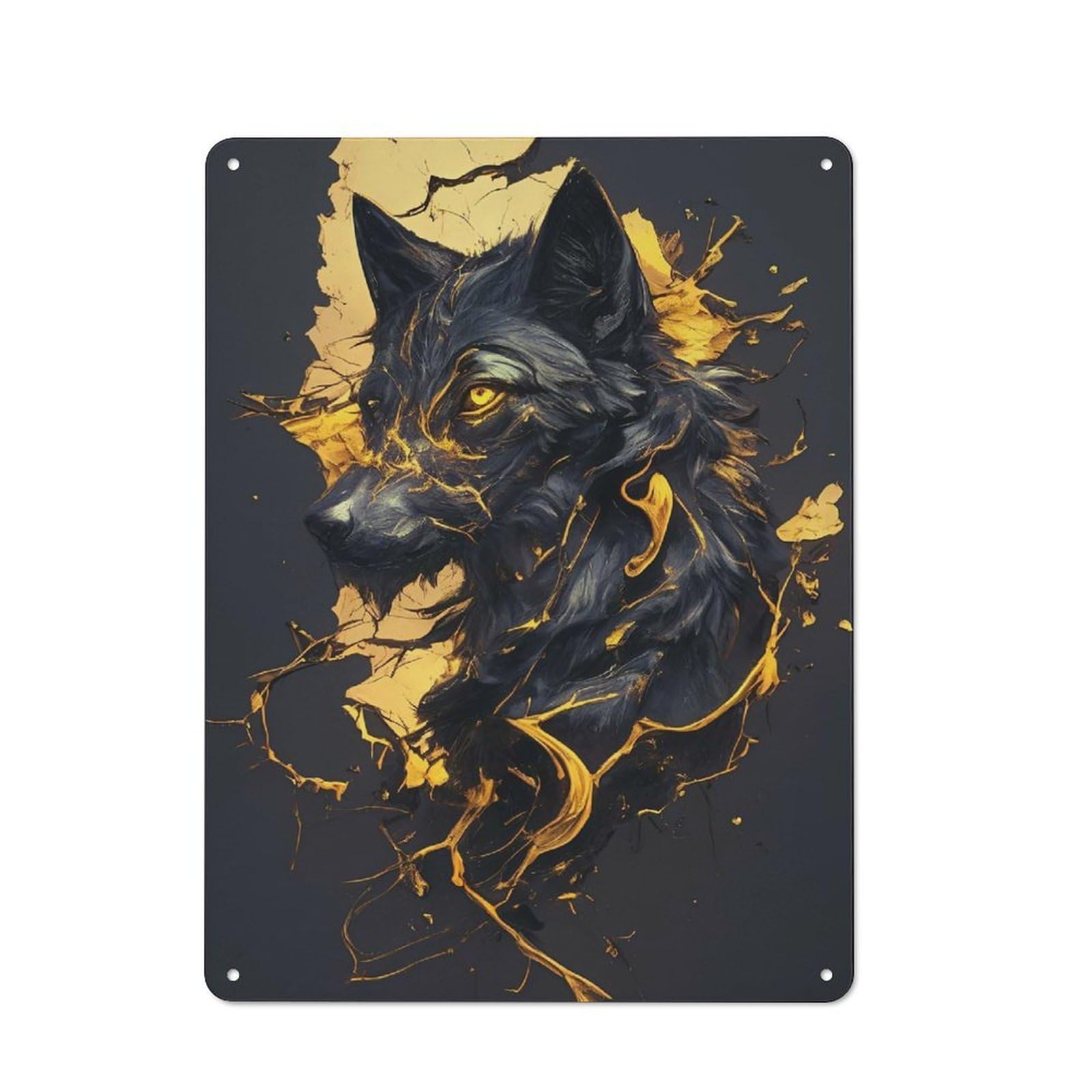 Decorative Metal Sign with Wolf with Golden Accents Design 40x30cm, Retro Bistro Wall Plaque for Coffee Bar, Kitchen, Bistro Or Tea Corner