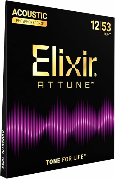Elixir Strings, corde per chitarra acustica ATTUNE,Phosphor Bronze, suono nitido e chiaro di lunga durata con sensazione naturale, set da 6 corde, Light 12-53 - 1