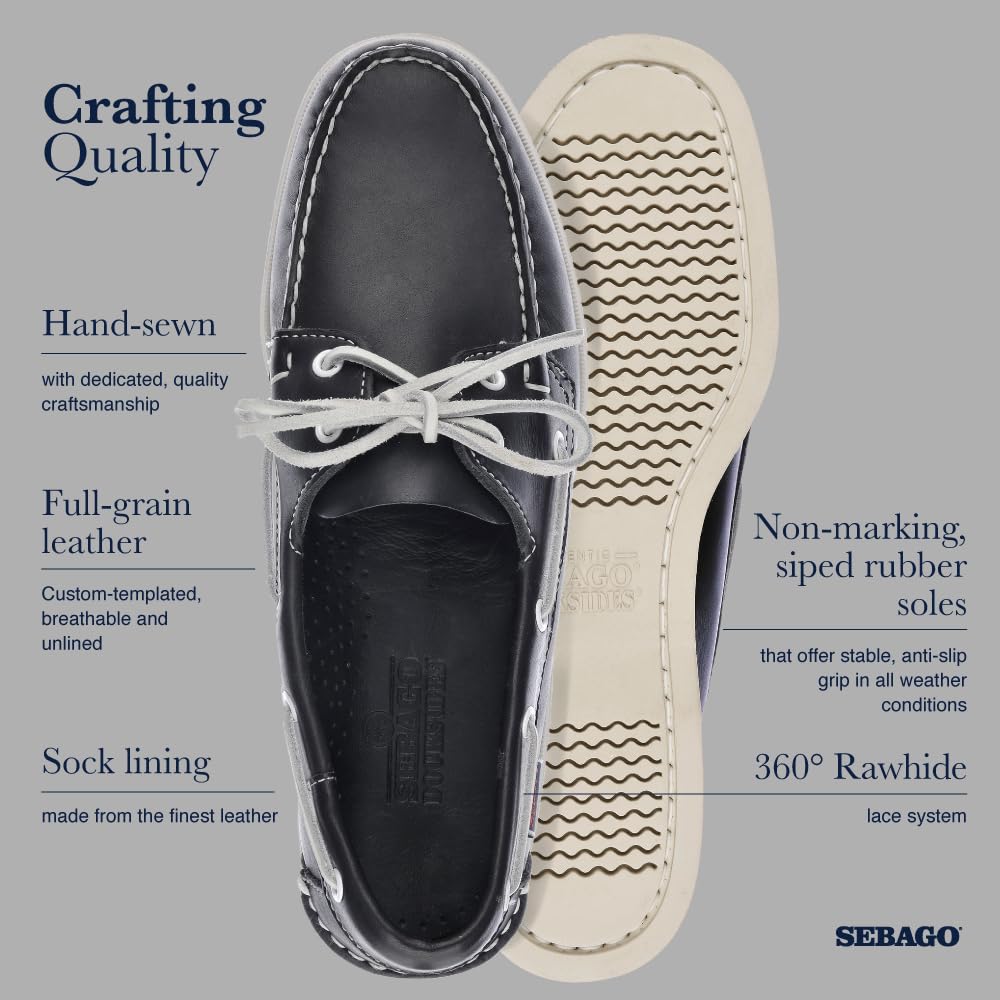 Sebago Portland Chaussures bateau cirées – Mocassins en cuir ciré cousus à la main avec doublure en cuir et semelles extérieures en caoutchouc antidérapantes non marquantes, marron foncé