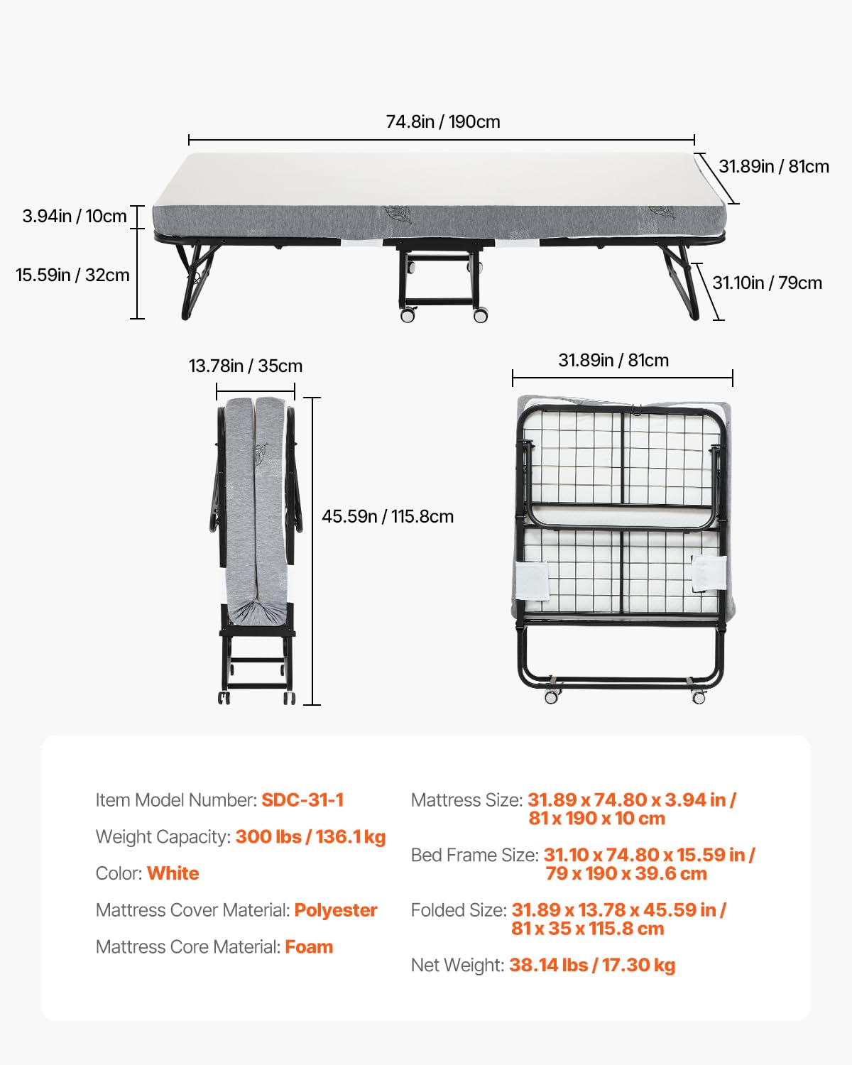 VEVOR, 810 x 1900 mm con Materasso 100 mm,Singolo con Robusta Struttura in Metallo e Materasso in Memory Foam, Singolo Portatile per Adulti, Ospite