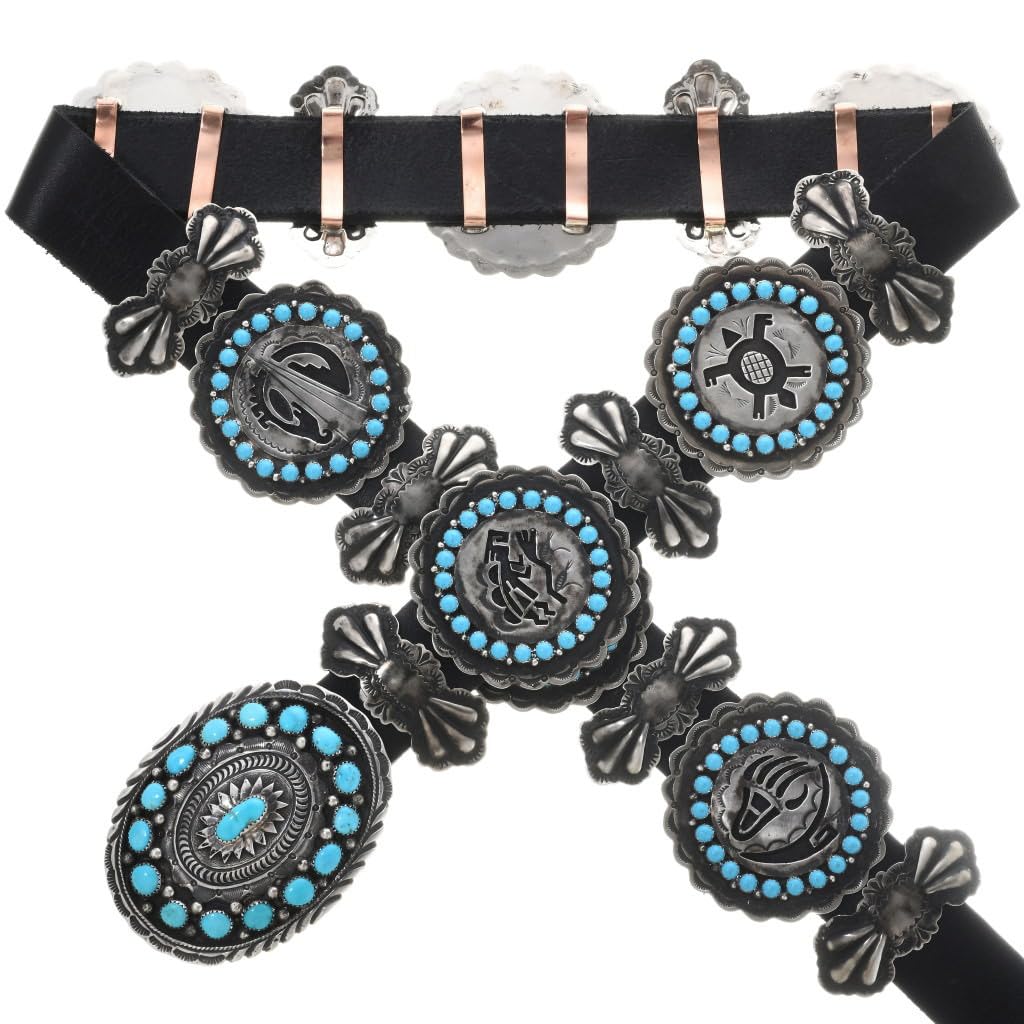 Alltribes Navajo Storyteller Turquoise Cluster Concho Belt Traditional Hammered and Overlaid Silver Design NOS on Genuine Leather 0008