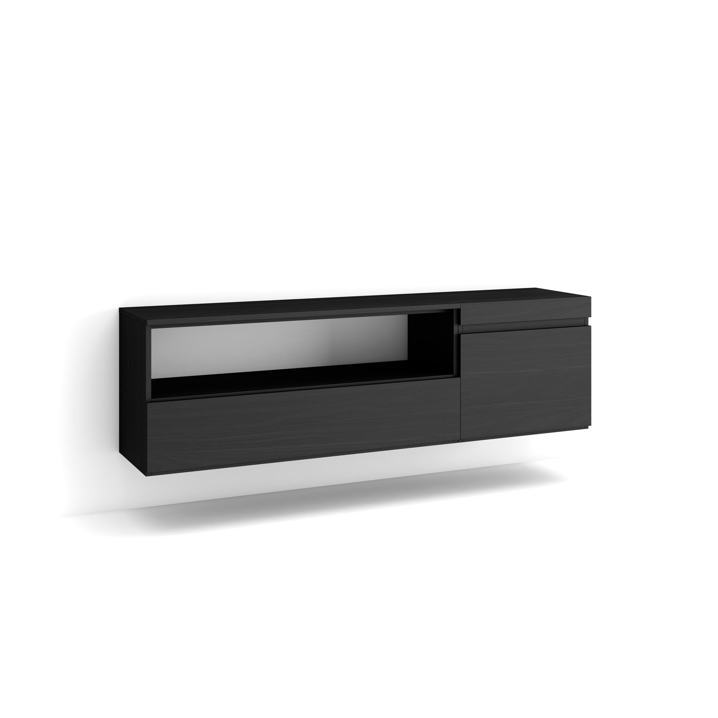 Skraut Home | Mobile TV Soggiorno | Ampio spazio a disposizione | 150x45x35cm | Per TV fino a 65" | Sospeso, da appendere | Stile moderno | Nero