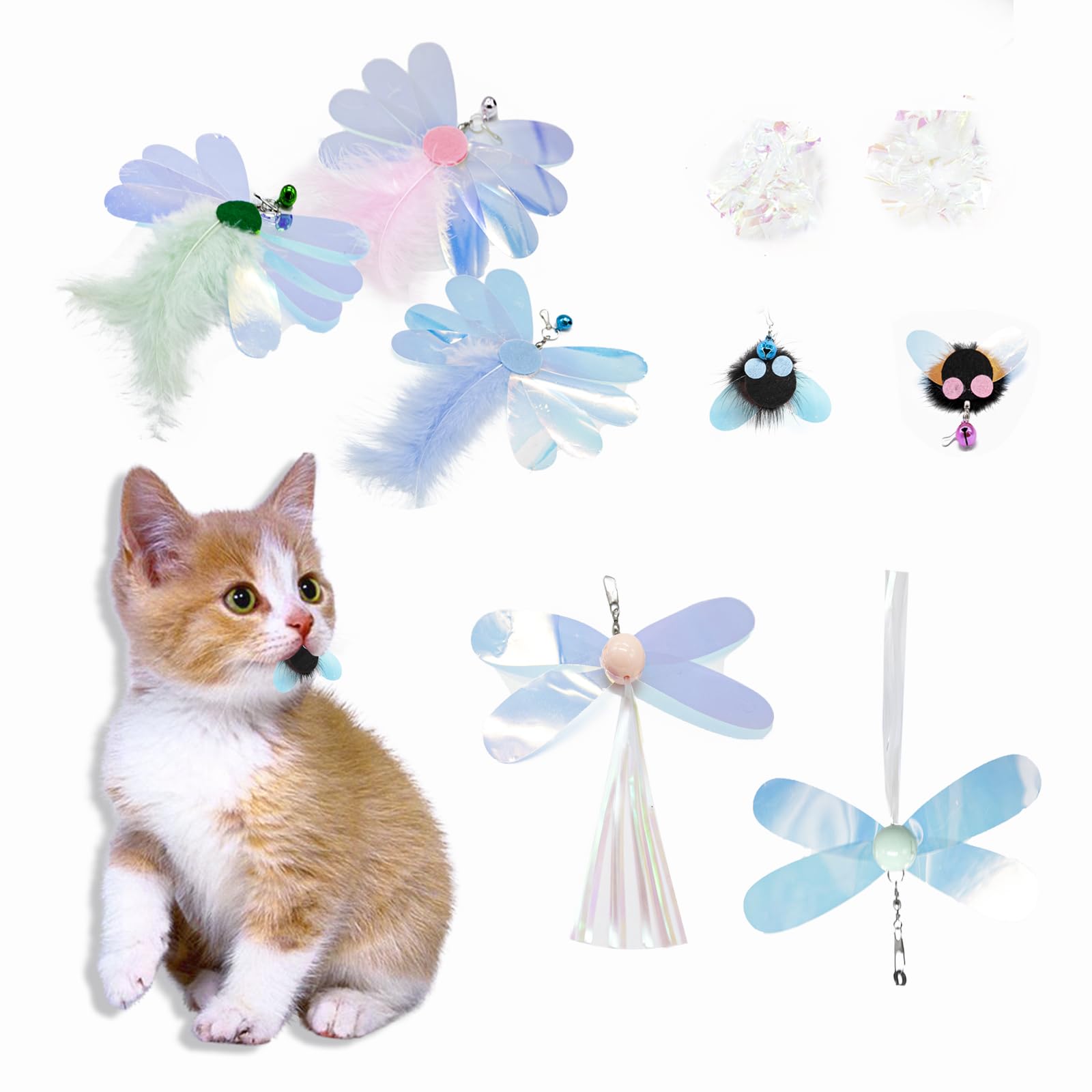 Mooipur Cat Toy, Shiny Insect Refills for Cat Wand Toy, 9PCS Replacements with Bells for Cat Fishing Pole Toy, Interactive Cat Toy Lightweight, Chase
