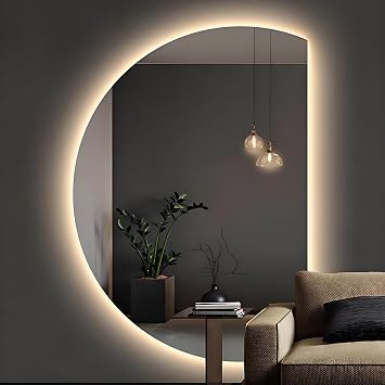 Modern Smart Bathroom Mirror 3524in, 3928in Half Moon LED Wall Mirror with 3 Colors Illuminated Anti-Fog for Living Room Entryway 4732inRight Cut,90 * 60cm