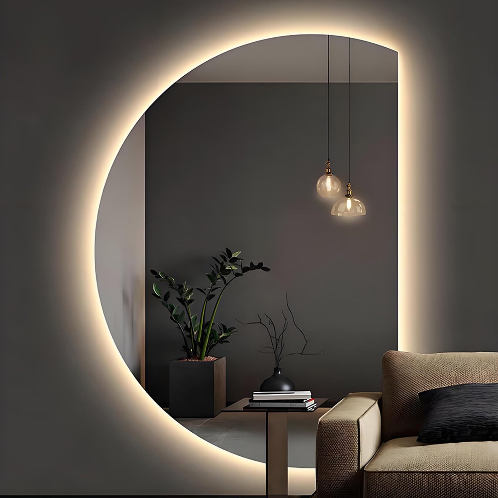 SXFSDOU Modern Smart Bathroom Mirror 35×24in, 39×28in Half Moon LED Wall with 3 Colors Illuminated Anti-Fog for Living Room Entryway 47×32in(Right Cut,100 * 70cm)