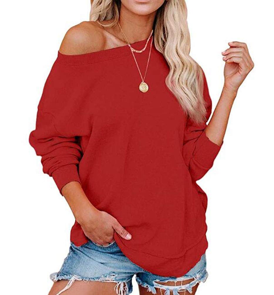 Damskie bluzy podstawowe z odkrytymi ramionami długie rękawy lekka bluzka z okrągłym dekoltem topy gładka tunika z rozcięciem boczny top, Czerwony, XL