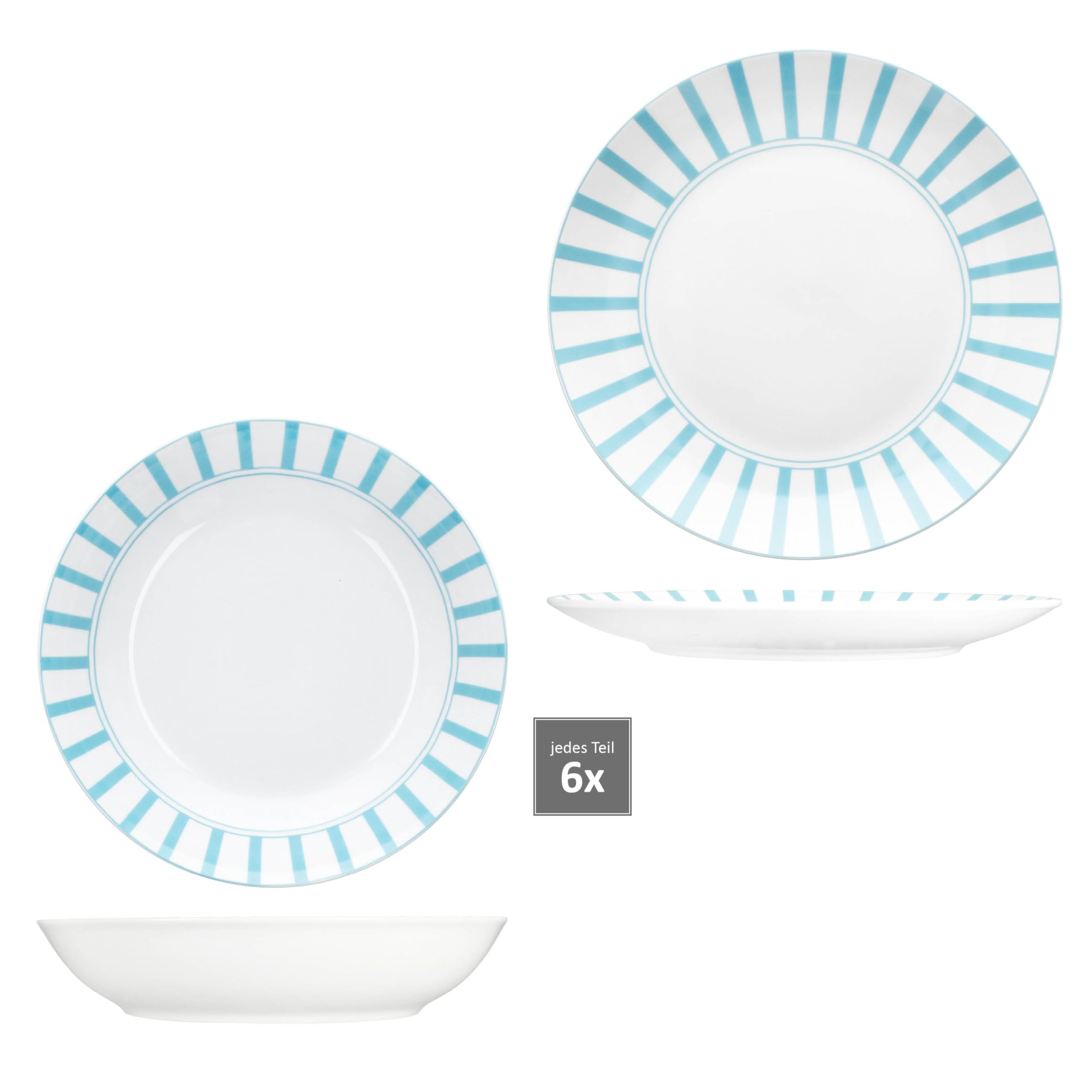 MamboCat Split Service de table 12 pièces turquoise I Vaisselle en porcelaine blanche à rayures pour 6 personnes I 6 assiettes creuses & 6 assiettes plates pour petit-déjeuner, déjeuner et dîner