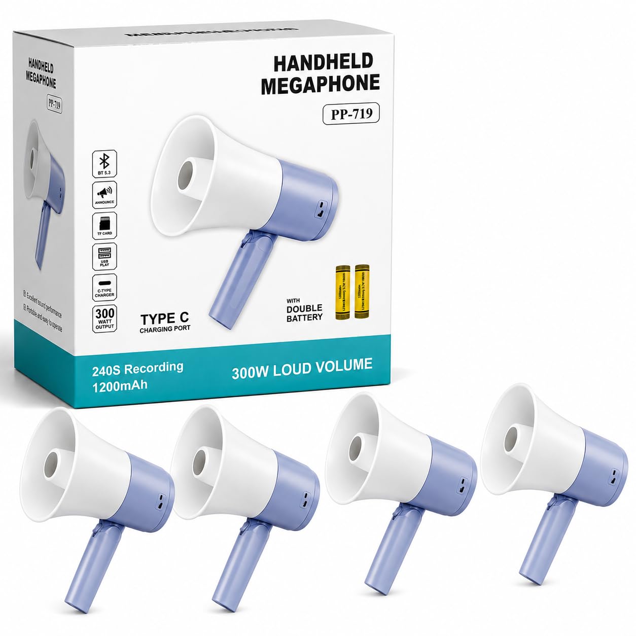 Handheld Megaphone PP-719, 300W with Bluetooth 5.3 and Recording CLUN Pack of 4-picture-48