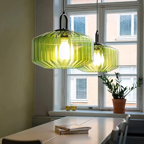 Miniatura 6 de Lámparas colgantes de cristal verde, modernas luces colgantes de vidrio con gran pantalla de globo soplado a mano de mediados de siglo, luz colgante