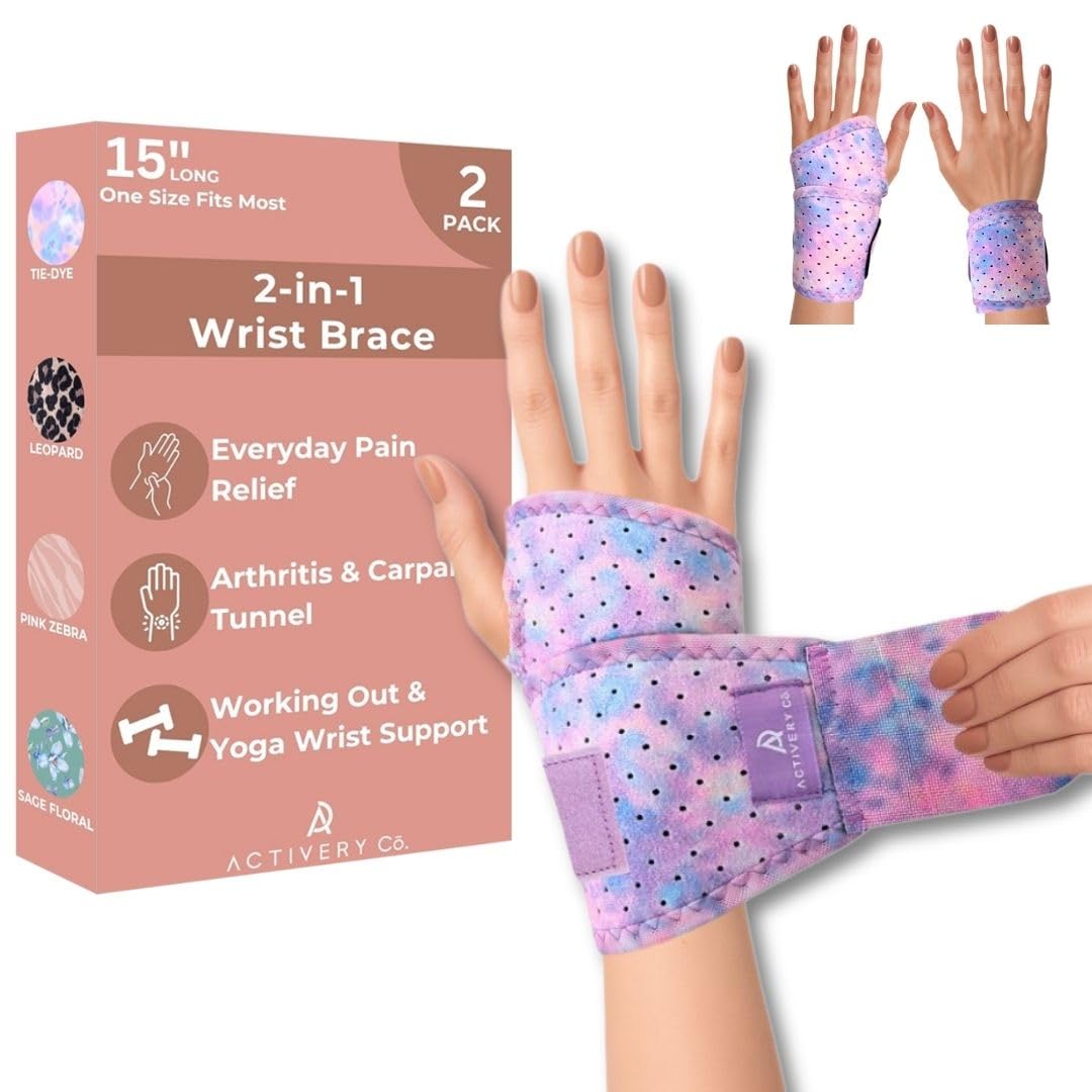 Carpal Tunnel Wrist Brace Left Hand, Right Hand for Women, Day or Night Compression Wrist Support Brace for Fitness, Keyboard Use, or Overnight Support, 2 Pack, Purple Tie Dye Print