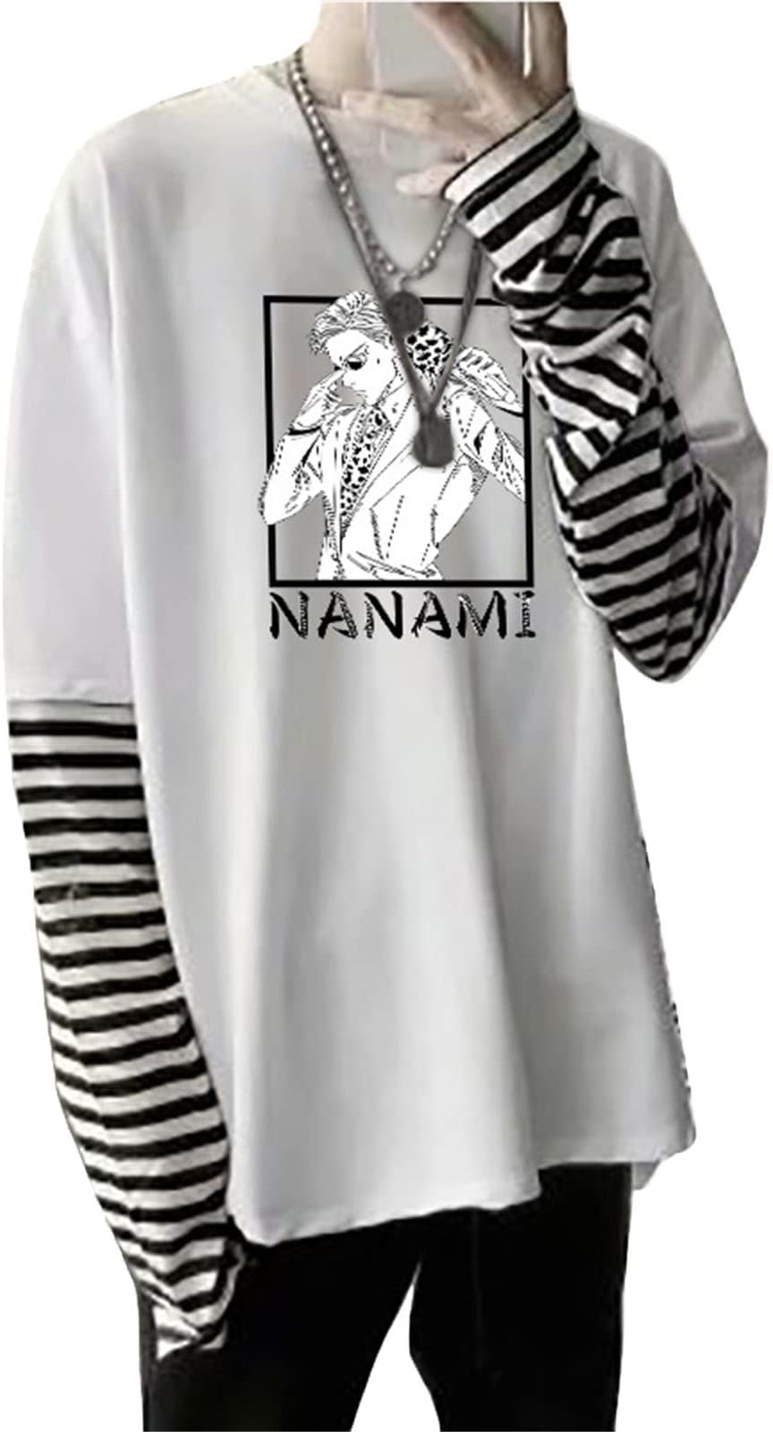 kewingHarajuku Anime Jujutsu Kaisen Fake Two Piece T-Shirt Kawaii Manga Nanami Kento Graphic Men/Women Summer Striped T-Shirts