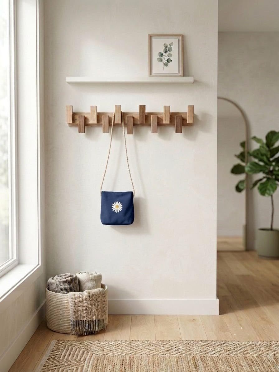 Wooden Wall Mounted Coat Rack with Multiple Hooks, Decorative Wall Hanger for Clothes, Jackets, Bags, Scarves, Towels & Home Organization-image-31