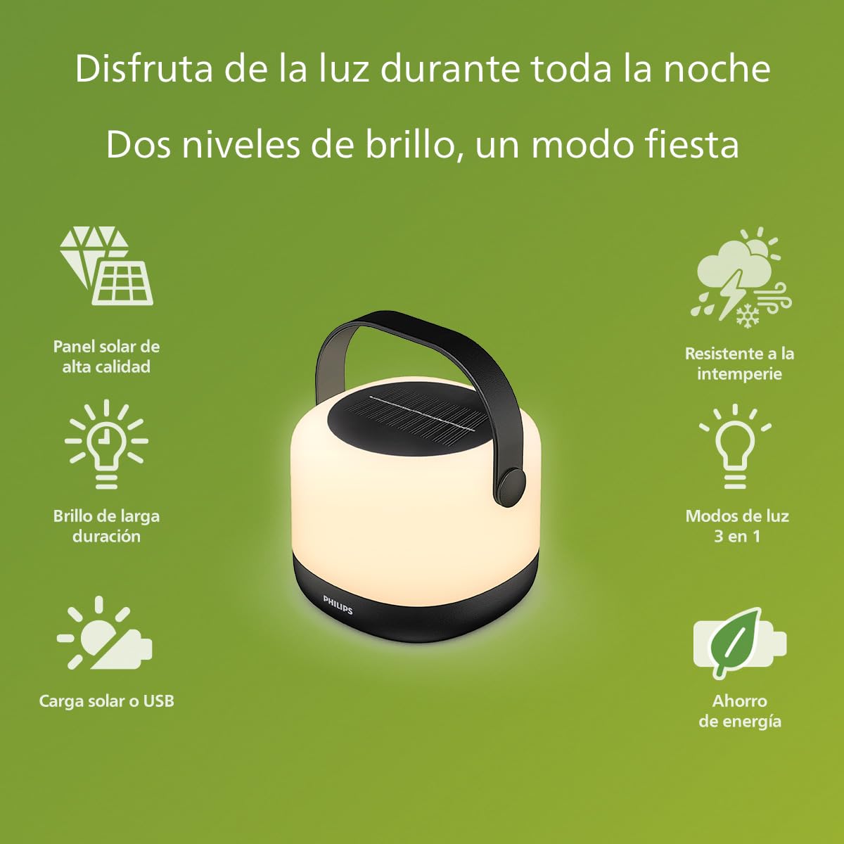 PHILIPS Lighting- Alula, Lampara Solar portátil, 3000K y cambio de color RGB, cable de carga USB, IP44, blanco y negro
