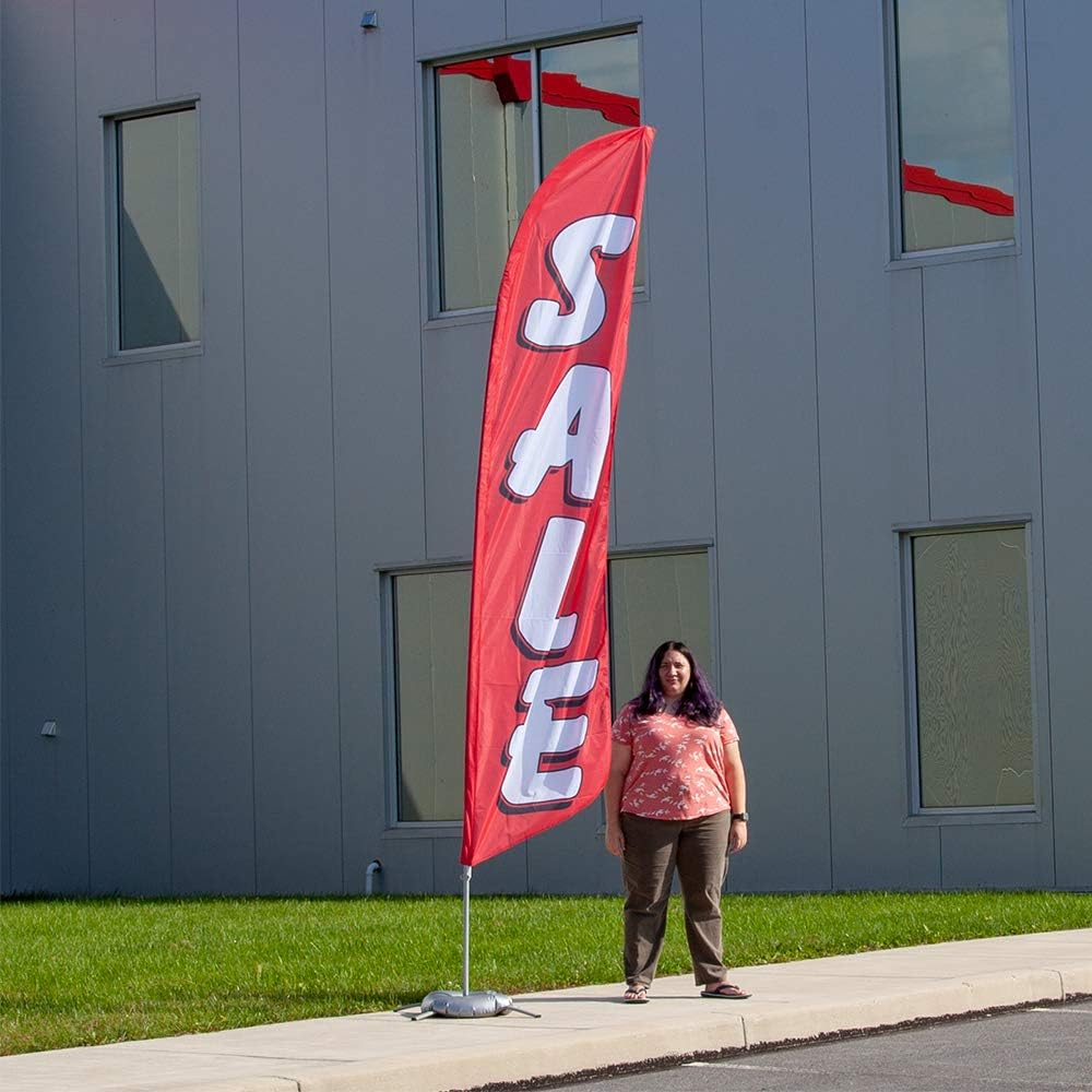 Vispronet Sale Feather Flag Kit – 13.5ft Red & White Flag with Pole Set, Ground Stake, Cross Base & Weight Bag, Pole Sleeve Bag – Sale Flag for Business – Knitted Polyester – Printed in the USA