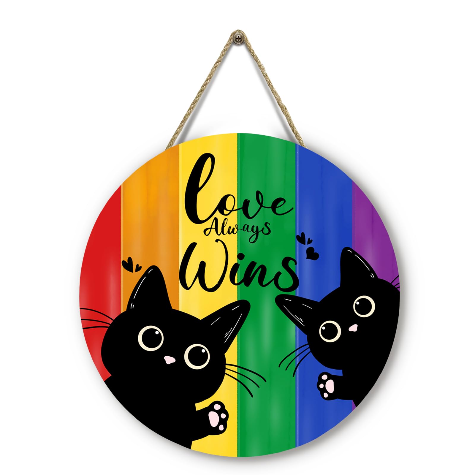 Gay Pride Love Always Wins Front Door Sign Rainbow LGBTQ Black Cat Lesbian Pansexual Wooden Door Hanger Outdoor Indoor Porch Signs Decor Pride Month Indoor Wall Hanging Decoration