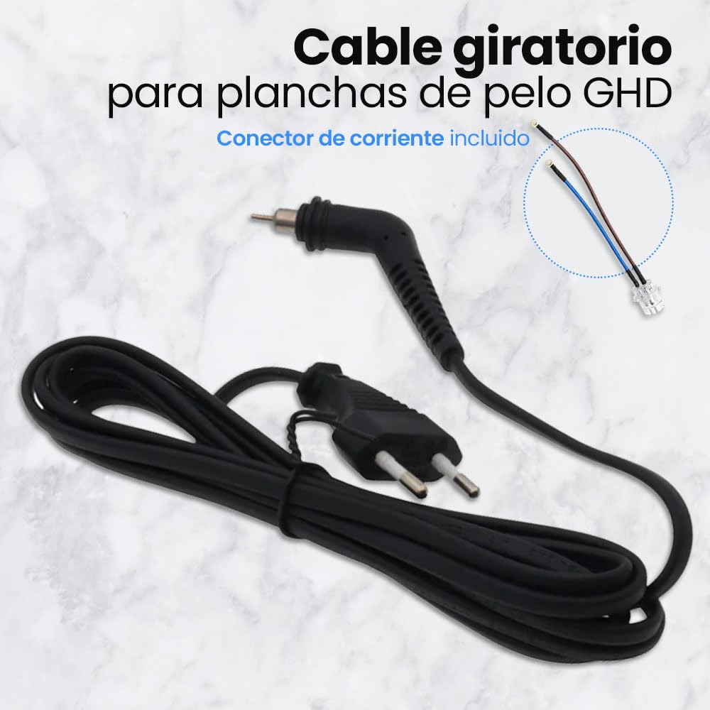 Anakel Home Repuesto Cable de Alimentación Compatible con Plancha de Pelo GHD MK4 | Cable Giratorio 360º con Enchufe Europeo | Cable de Sustitución Negro 1,50 m