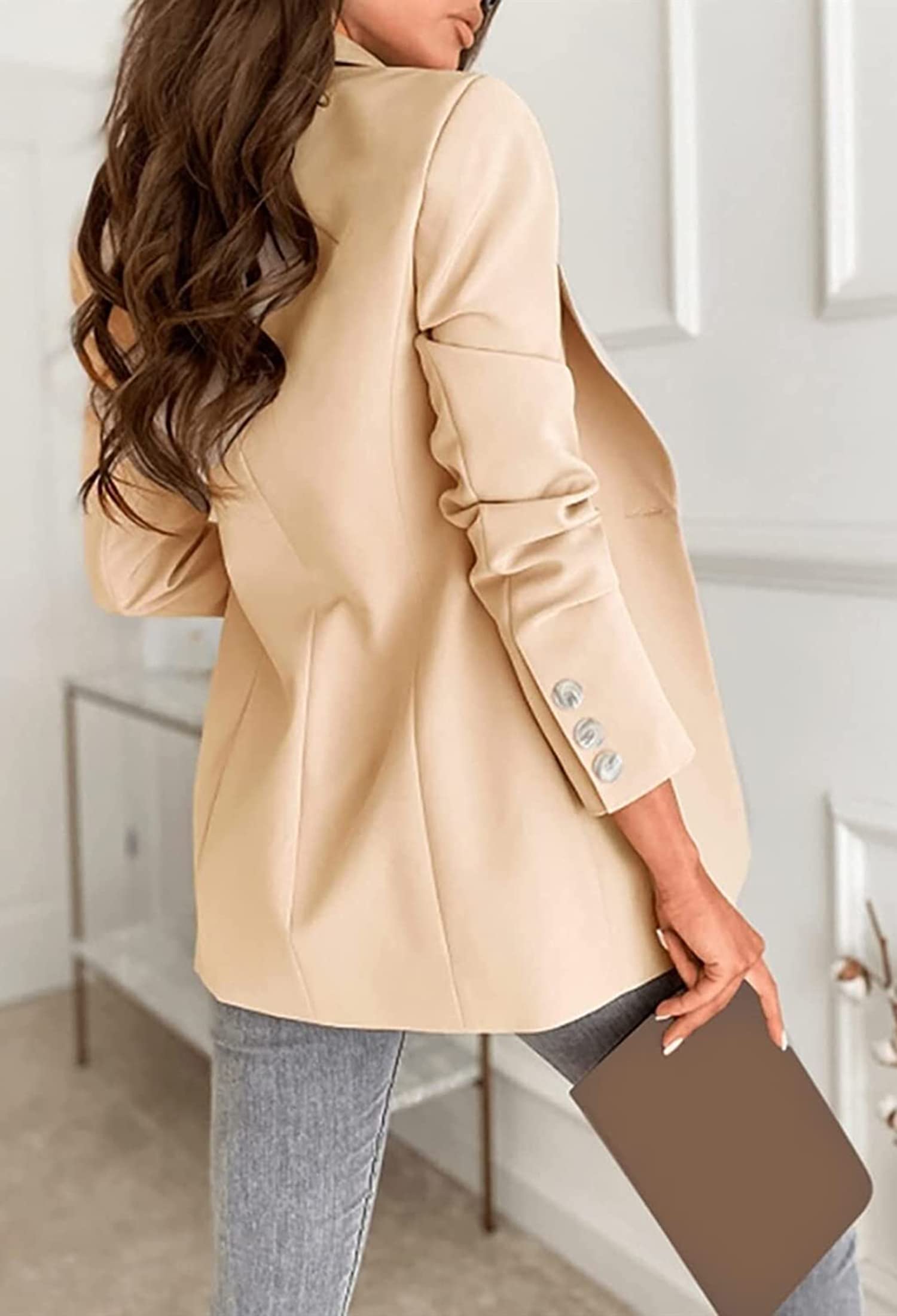 NLAVW Blazer Lungo da Donna Giacca Elegante da Lavoro Aperta sul Davanti Giacca Sportiva Elasticizzata con Tasche