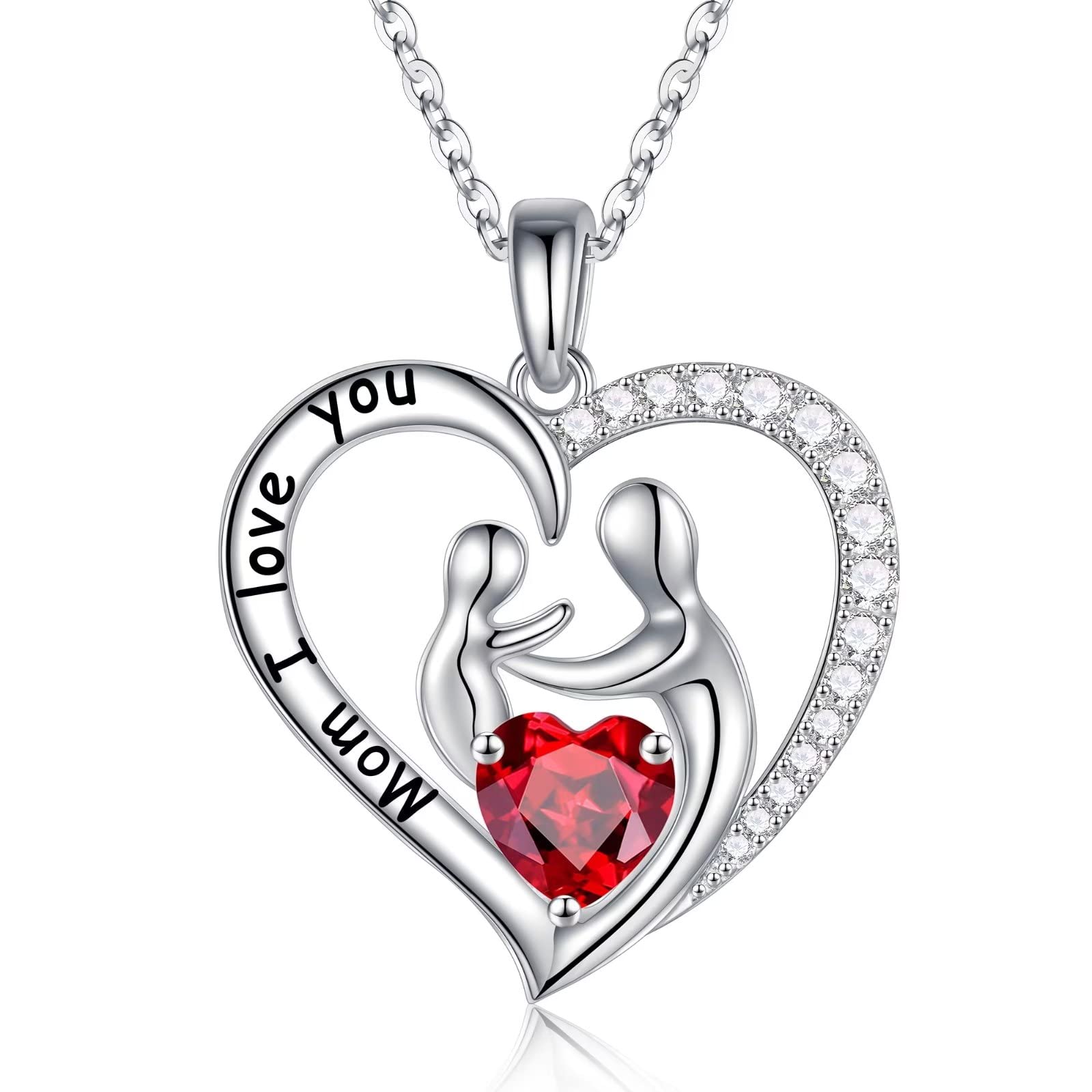 Iefil Collares de piedra natal para mamá, plata de ley 925, colgante de corazón, collar de piedra natal para mamá, plata de ley, granate, Plata esterlina, Granate