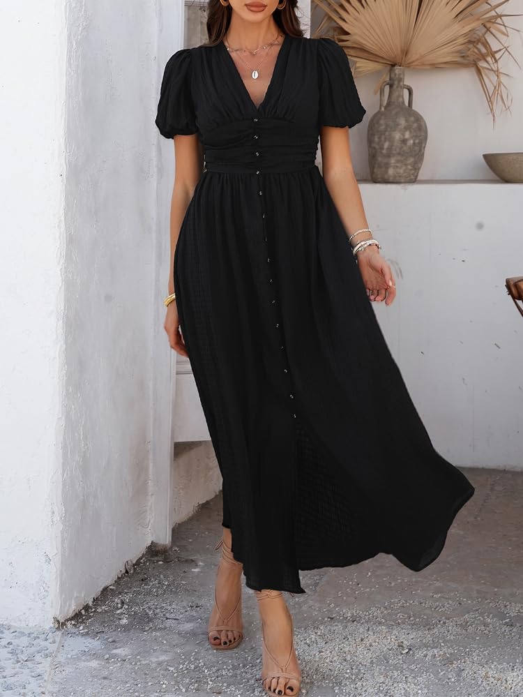 Women Summer Casual Midi Dress Puff Sleeve V Neck Ruched Button Front Split Boho Beach Vacation Wedding Dresses 20254