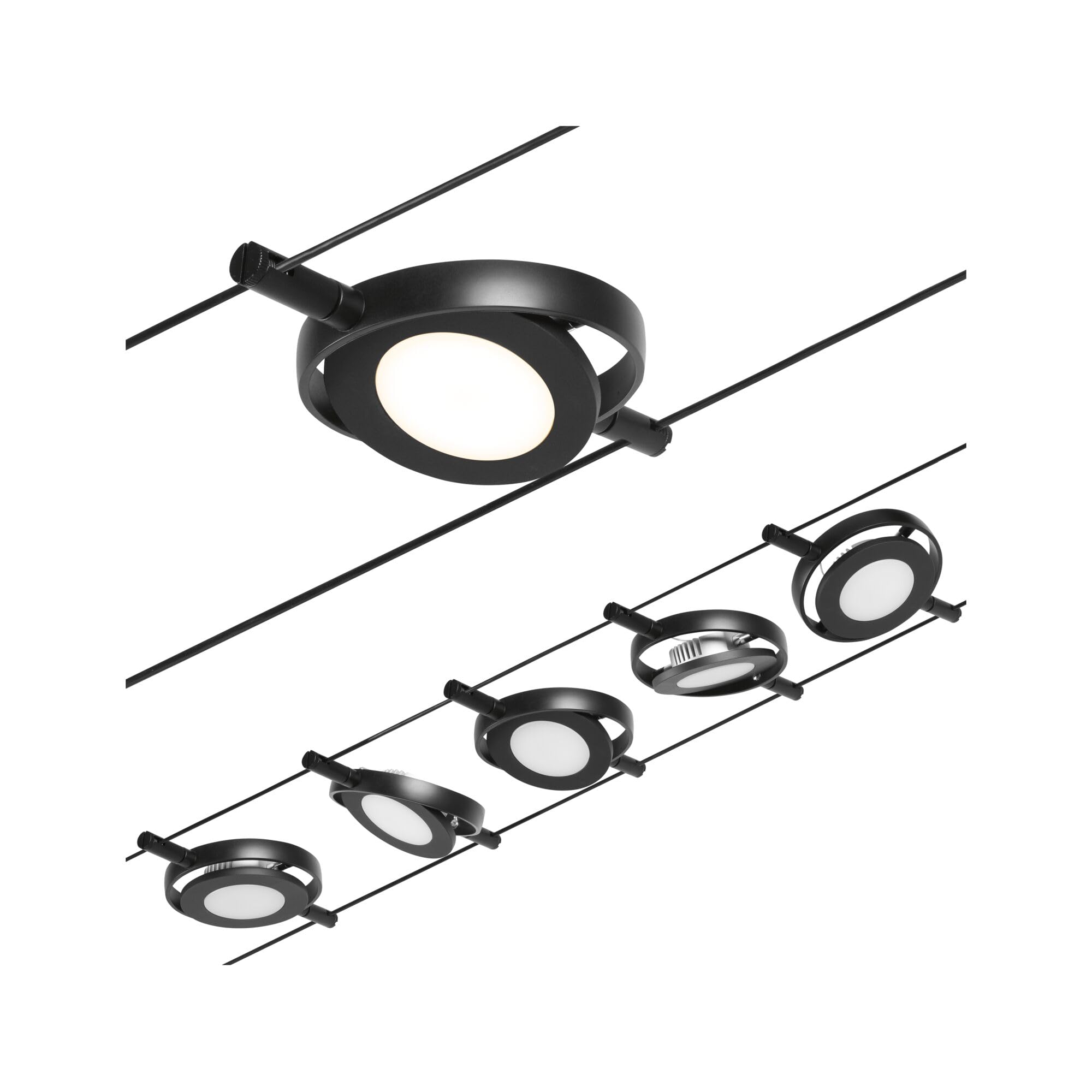Paulmann 94418 CorDuo Juego de sistema de cable LED RoundMac DC incl. 5x4,5 vatios extensible Negro mate, cromado Cable metálico 3000 K