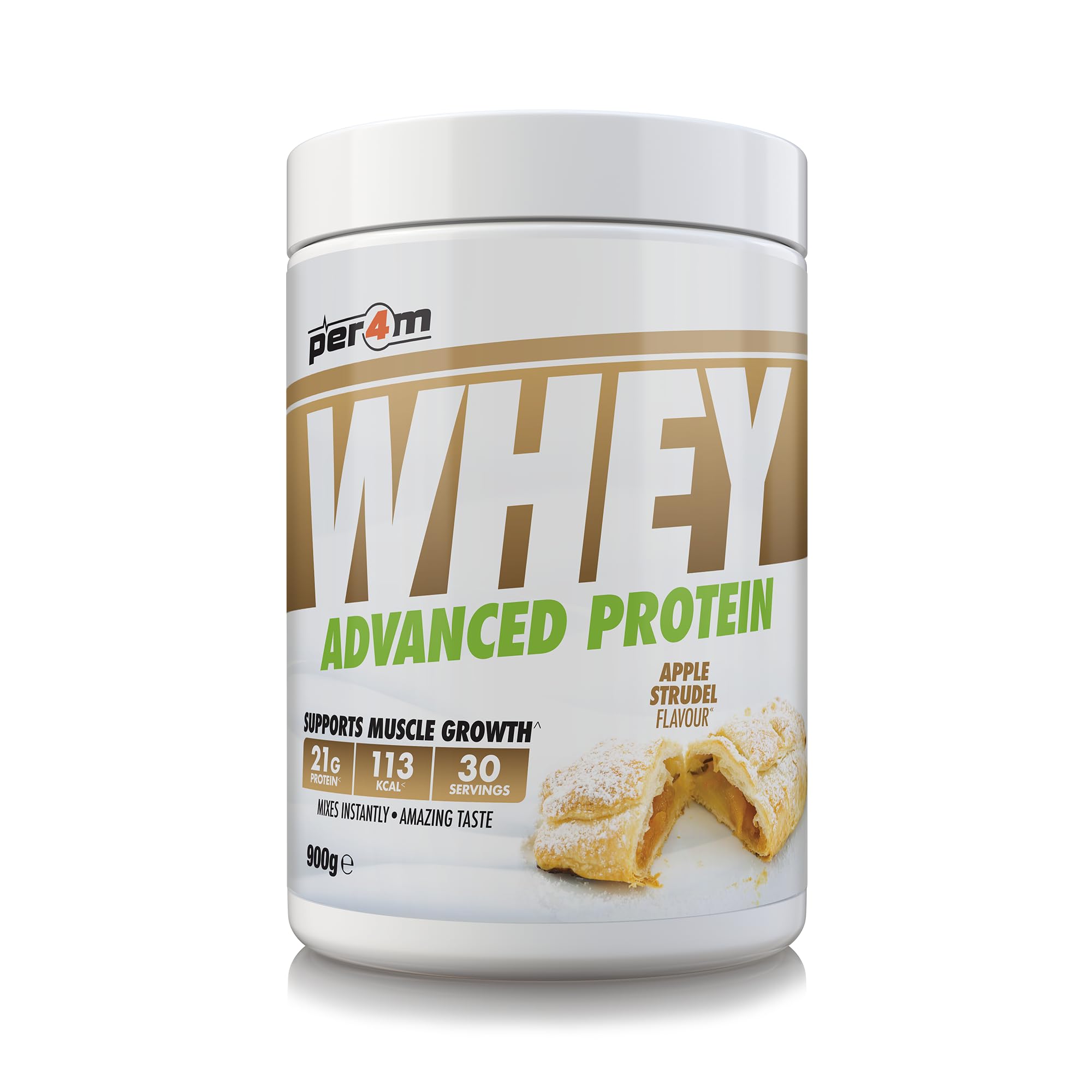Per4m Whey Protein Powder | High Protein Shake for Muscle Growth & Recovery | Low Sugar Gym Supplement | Sports Nutrition Drink + Amino Acids (900g, Apple Strudel)