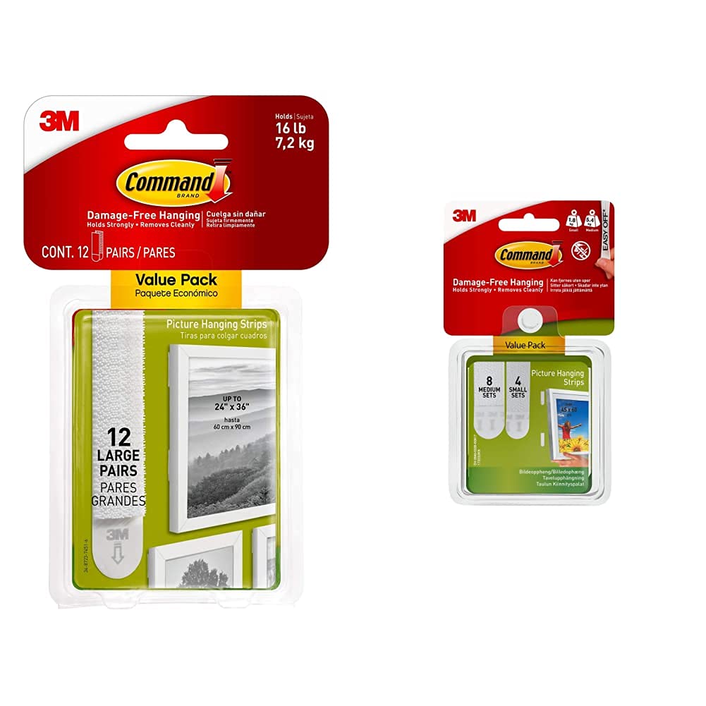 CommandLarge Picture Mounting Strips, Value Pack containing 12 Sets, up to 7.2 kg & 17203 Small and Medium Picture Hanging Strips Value Pack, 4 Pairs Small, 8 Pairs Medium-White