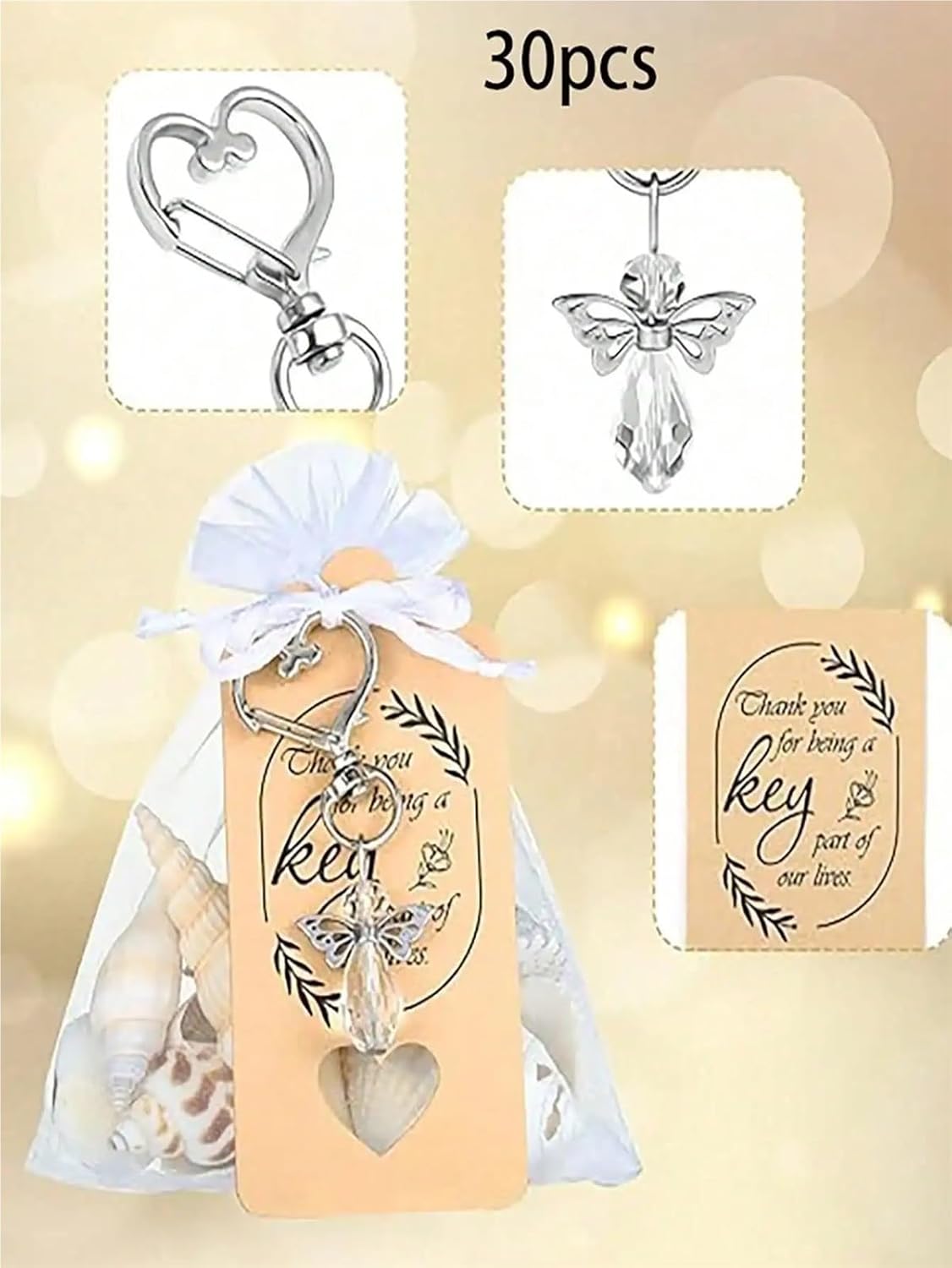 24/48 Set Silver Angel Wing Pendant Heart Keychains Set -Thank You Cards & Gauze Bags For Weddings