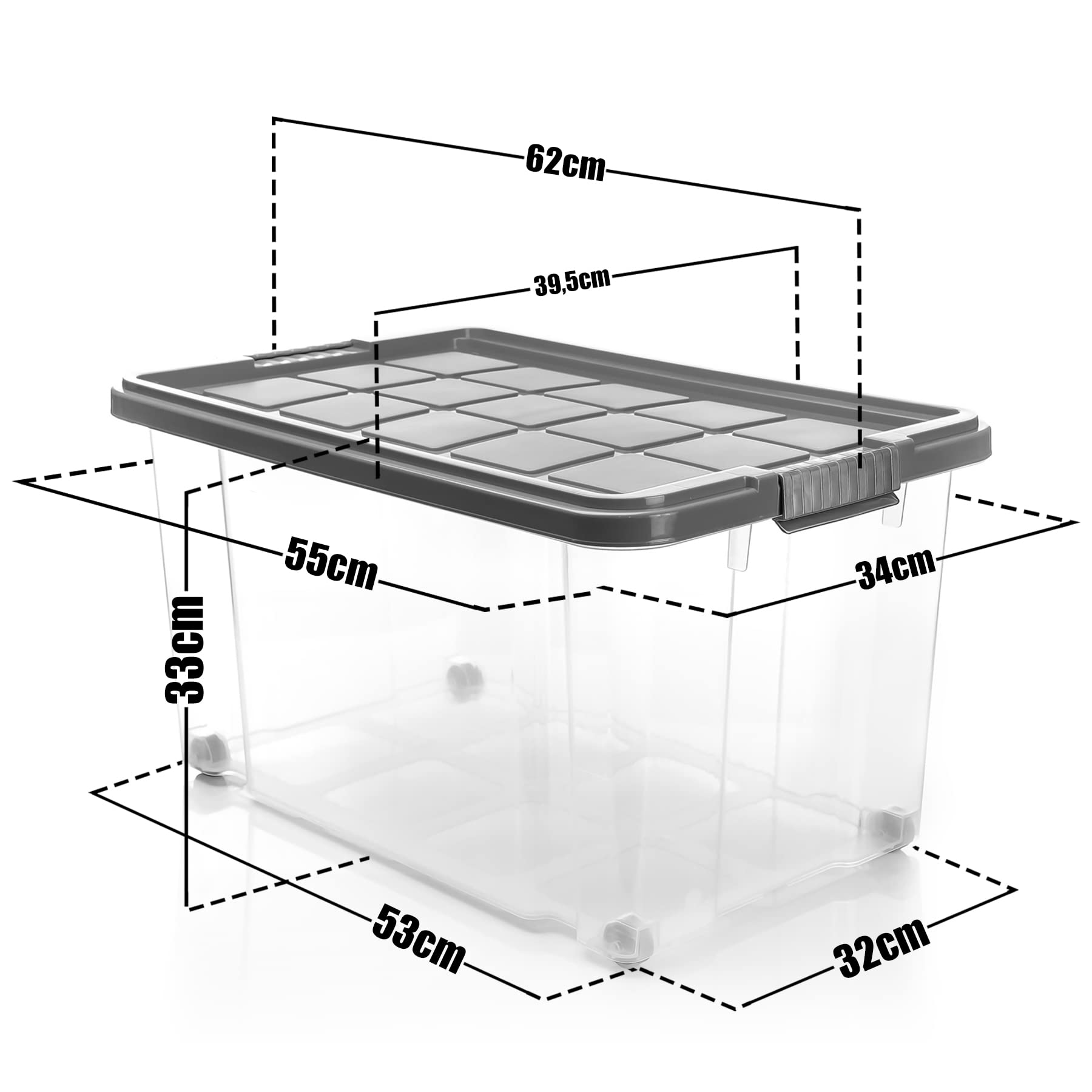BigDean 3 Stück 60 L Aufbewahrungsbox mit Deckel groß stahlgrau stapelbar | stapelbare robuste Box - rollbare Stapelbox mit festen Klickverschlüssen - Made in Germany