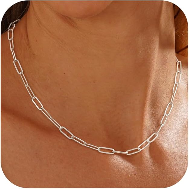 HABIKIP Silver Paperclip Chain Necklace for Women, Dainty Silver Choker Necklaces for Women Trendy Simple Long Minimalist Waterproof Link Necklace Jewelry Gifts for Women 16/18/20 in