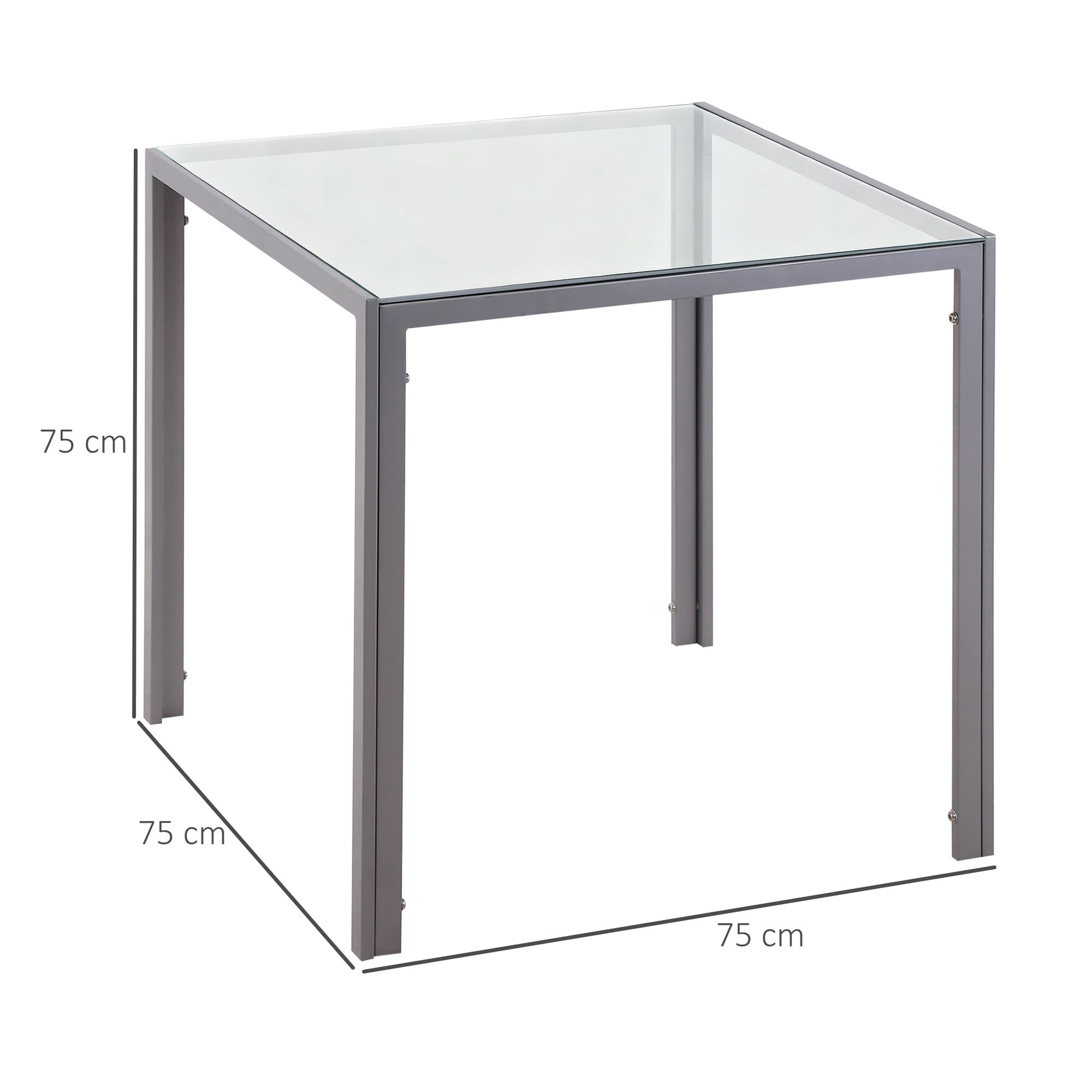 HOMCOM Esszimmertisch 75 x 75 cm, Quadratischer Küchentisch für 4 Personen, Esstisch aus Hartglas mit Metallbeine, moderner Tisch für Küche, Esszimmer und Wohnzimmer, Grau