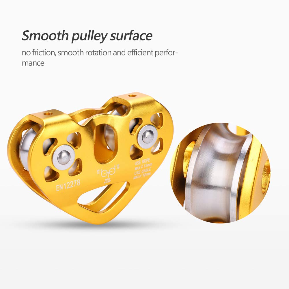 KIMISS Pulley para Escalada 30KN, Doble polea para tirolina y Rescate, Equipo Outdoor Resistente, Trolley para Cables, polea Dual de Acero (Oro)