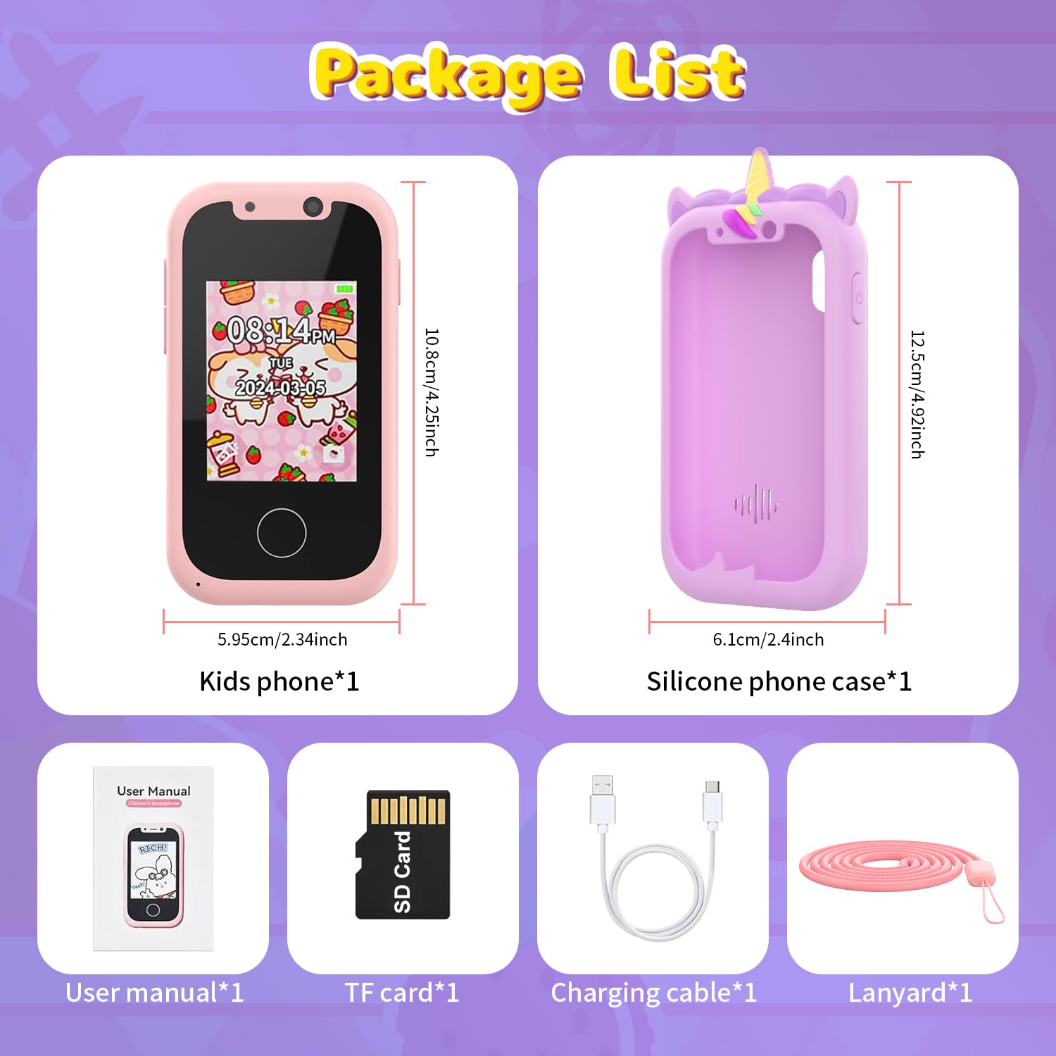 Telephone Portable pour Enfants, Ashfly Smartphone Portable 2 3 4 5 6 7 8 9 10 11 12 Ans,Téléphone Licornes, Smartphone avec Musique Podomètre Alarme Caméra, Cadeau de Noël pour Enfant
