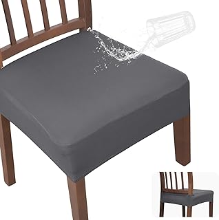 Waterproof Dining Chair Seat Covers Set of 4 | Rear Gap Hook-and-Loop, Soft Removable Washable Chair Covers for Dining Room | Elastic Non-Slip, Full Rear Coverage | Grey